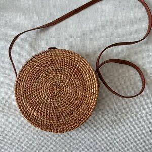 Round Woven Crossbody Bag in Brown - Handcrafted Straw Shoulder Bag